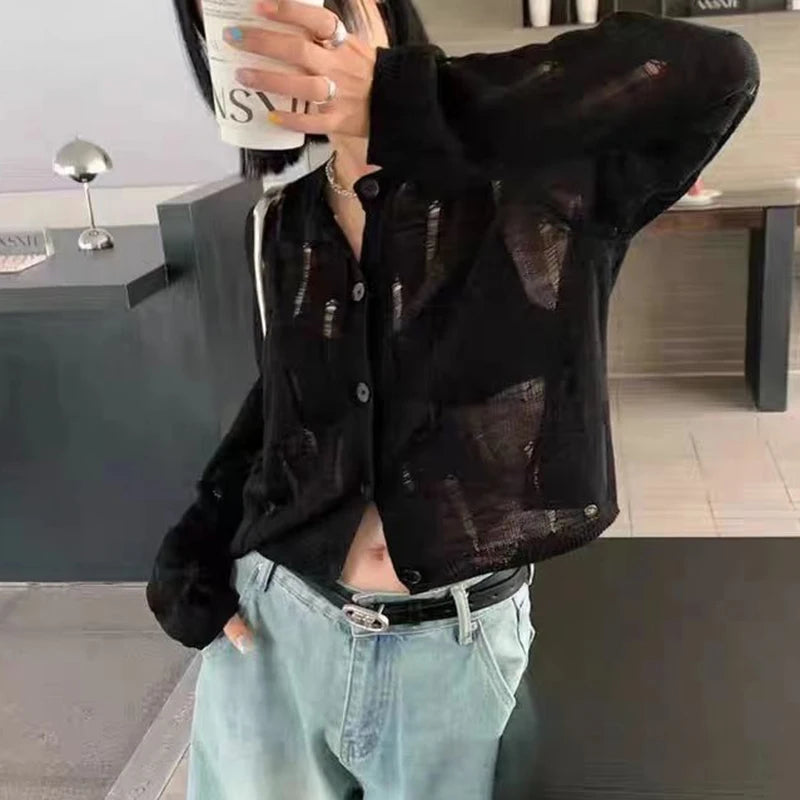 Lunivop Distressed Button Front Knit Top Sweater Cardigan Women Long Sleeve Ripped Blouse Summer Cover Up Teen-girl Grunge Y2K Outfit