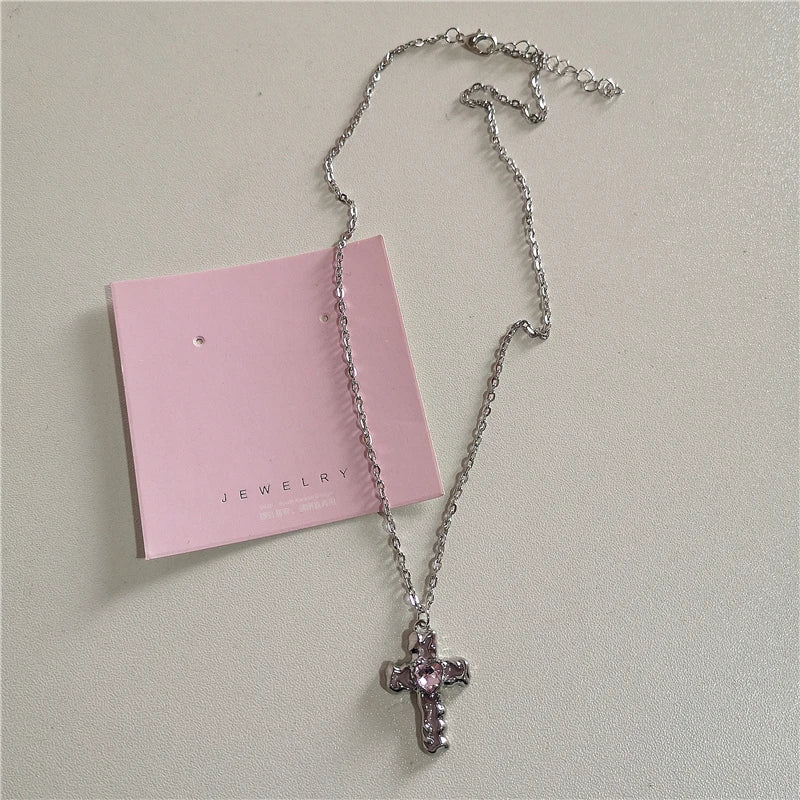 Lunivop Vintage Goth Pink Ribbon Bowknot Cross Heart Pendant Pearl Necklace Egirl Sweet Y2K Cute 2000s Lolita Jewelry EMO Accessories