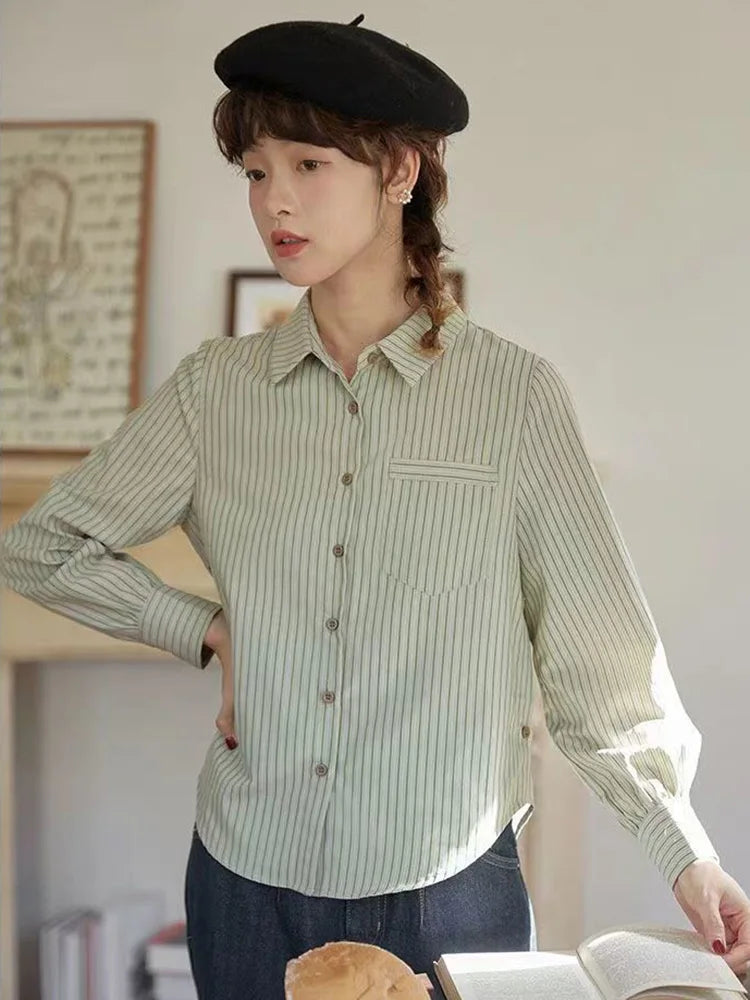 Lunivop Preppy Style Retro Striped Shirt Women Long Sleeve Elegant Sweet Blouse Japan Casual Pocket Fall Female Simple Vintage Tops New