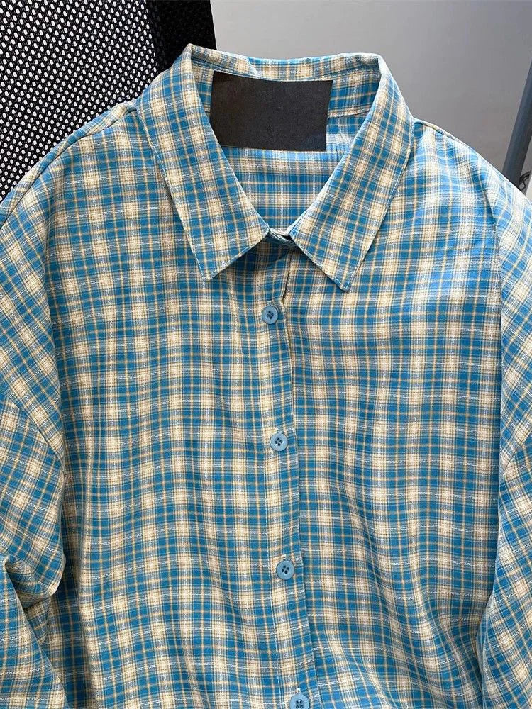Lunivop Retro Blue Plaid Shirt Women Casual Fall Long Sleeve Harajuku Retro Blouse Japan Preppy Style Female Turn Down Collar Tops
