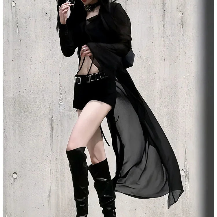 Lunivop  Y2k Sexy Slim Fit Black Dress for Women Fashion All-match Mid-length Dresses E-Girl Mesh Long Sleeve Sun Protection Coat
