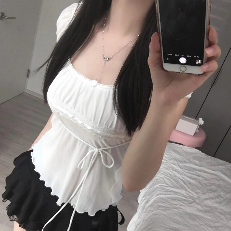 Lunivop  White Mesh Transparent Crop Top y2k Aesthetic Folds Stitching Short Sleeve T Shirts Korean Style Cute Tees Sexy Clubwear