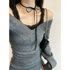 Lunivop  Lazy Retro V-neck Off Shoulder Sweater for Women Autumn Winter New Knitted Tops Mujer Y2k Slim Fit Long Sleeve Pullovers
