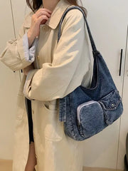 Lunivop  Multi Pocket Denim Tote Bag for Female Students Casual Single Shoulder Crossbody Large Capacity Commuting Canvas Bags