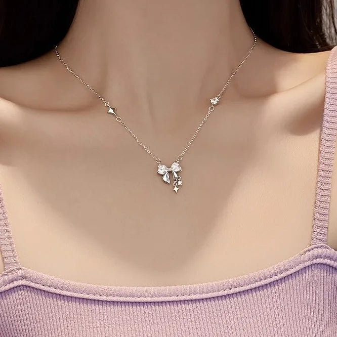 Lunivop New Trendy Silver Color Bow Pendant Necklace For Woman Simple Metal Bow Ribbon Clavicle Chain Necklace Party Jewelry Gifts