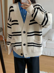 Lunivop Women Cardigan Sweater Striped V-neck Button-up Sweater Jacket Comfy Cozy Slouchy Cardi Autumn Winter Casual Outfit