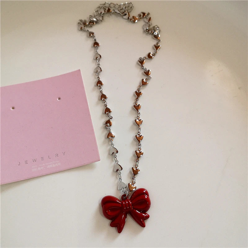 Lunivop Goth Red Bow Heart Bow Pendant Stainless Steel Love Necklace For Girls Lolita Y2K 2000s Jewelry Gift EMO Scene Accessories