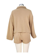Lunivop  Solid Long Sleeve Shirt Shorts Sets Single Breasted Buckle Pocket Blouse with Shorts Summer Casual Female Outfits