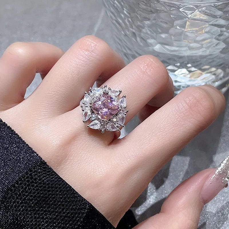 Lunivop Fashion Sakura Flower Ring Shiny Rhinestone Pink Crystal Ring Women Elegant Romantic Valentine's Day Wedding Party Jewelry Gifts