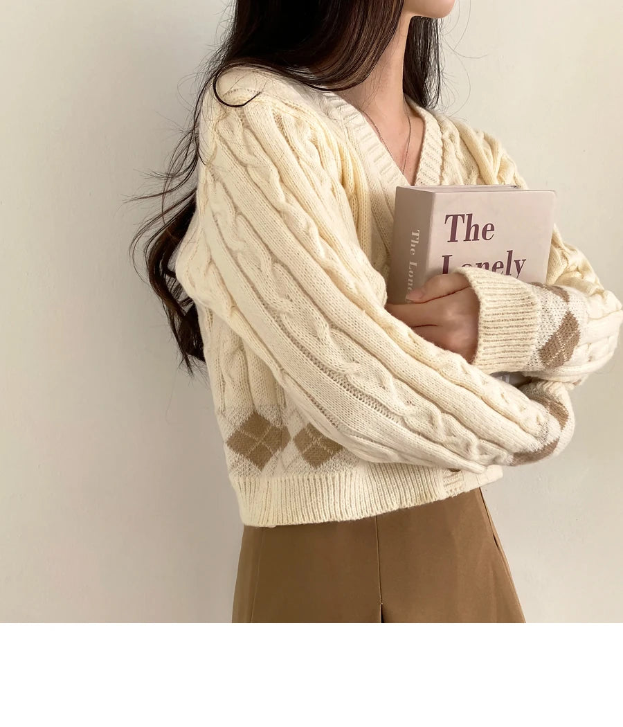 Lunivop Argyle Cable Knit Cardigan Sweater for Women Teen-girl Cozy Knitted Button Up Boxy Fit Sweater Preppy Chic Outfit