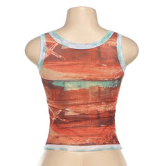 Lunivop Fashion Printed Mesh Sheer Crop Top Streetwear Graphic Tank Tops Sexy Y2k Summer Clothes Women Spicy Girl Outfits