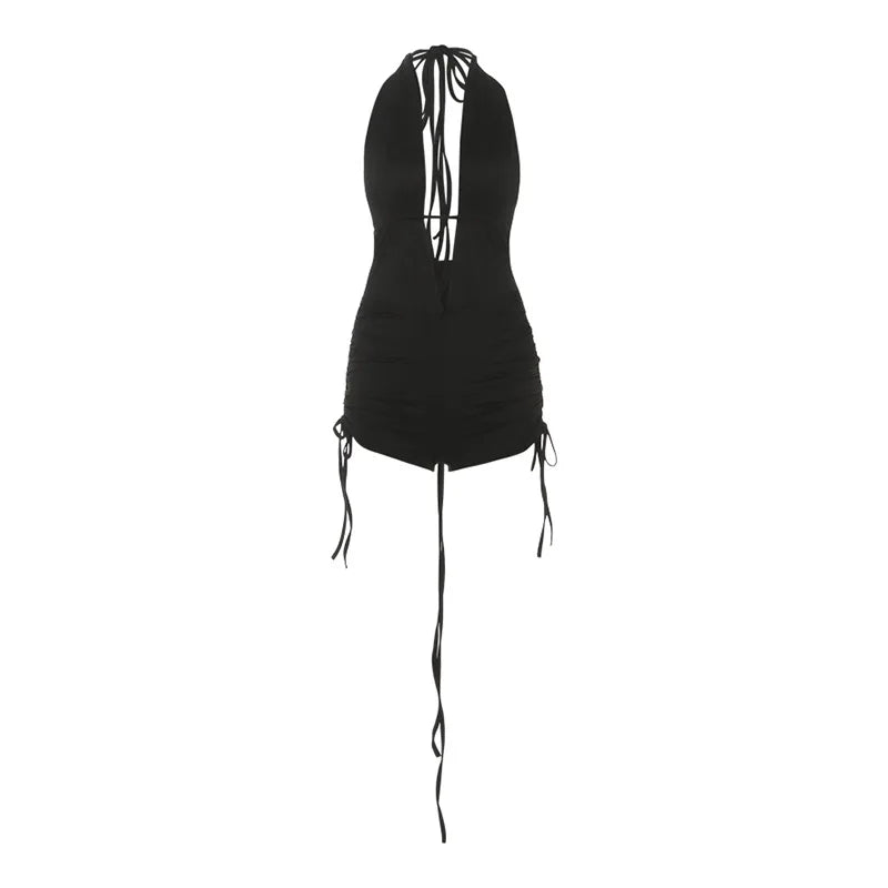 Lunivop  Lace Up Drawstring Ruched Slim Playsuits Women Solid Fashion Sexy Deep V Neck Halter Backless Booty Lifting Rompers Streetwear