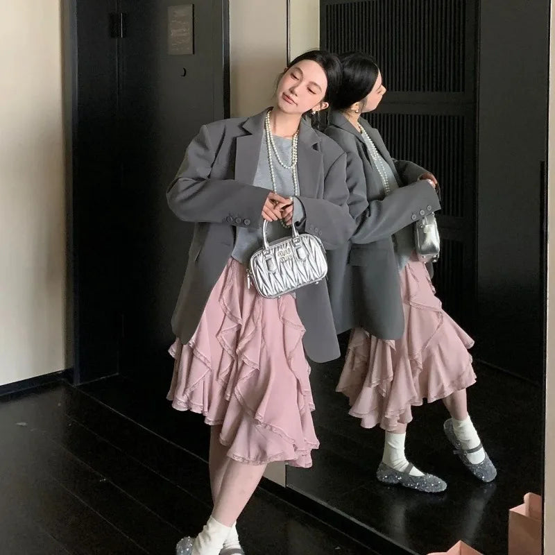 Lunivop Women Pink Ruffled Skirts Elegant Korean Style High Waist Elastic Waist Asymmetric Lace Layered Short Skirts Mesh Skirt