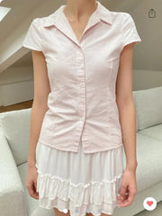 Lunivop  Sweet Pink Striped Button Blouse Women New Streetwear Casual Lapel Short Sleeve Tees Vintage Cute Preppy Style T-shirts Y2K Tops
