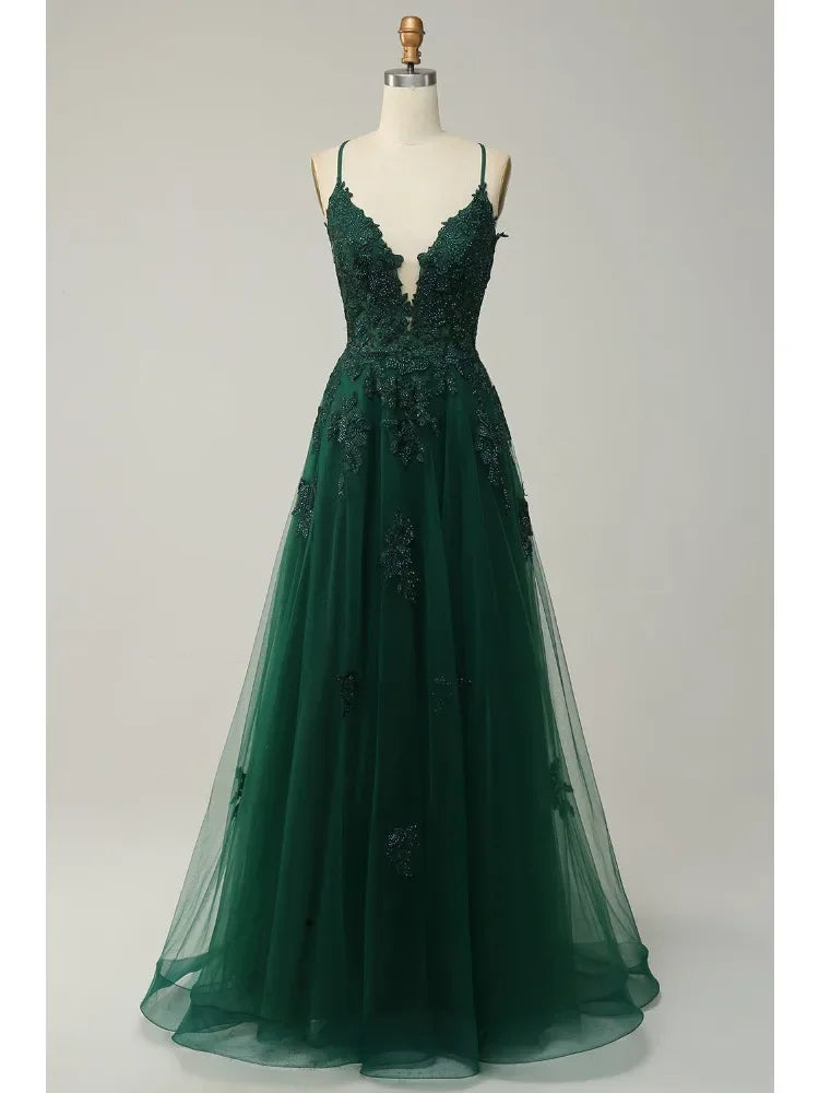 Lunivop  New Fairy Exquisite Flower Appliques Long Cascading Mesh Gown Sexy Deep V Sleeveless Slim A-line Dress Summer Popular