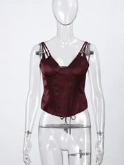 Lunivop  Women Solid Deep-V Satin Camisole Corset Top Elegant Double-Strap Fitted Cropped Back-Tie Chic Versatile Date Lady Tops