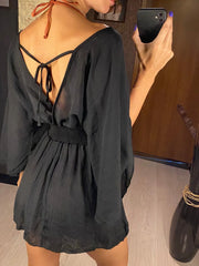 Lunivop  New Sexy V Neck Long Sleeve Backless Chiffon Tunic Beach Cover Up Beach Cover-ups Beach Dress Beach Wear Beachwear