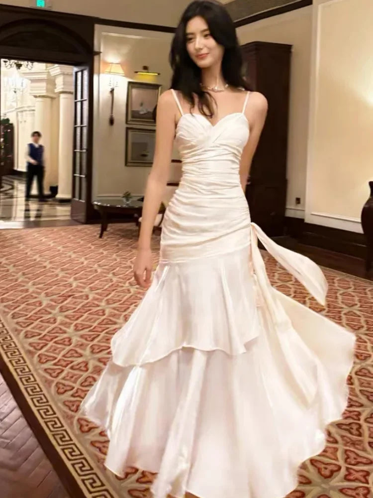 Lunivop Elegant Ruffles Spaghetti Women Long Dresses Fashion Strap Sleeveless Princess Party Dress Summer Slim Waist Casual Vestidos New