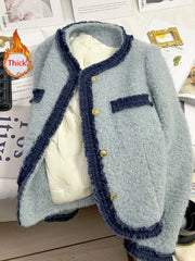 Lunivop Sweet Thick Warm Tweed Jacket Women O Neck Long Sleeve Winter Cotton Coat Elegant Fashion Patchwork Korean Chic Outwear Top