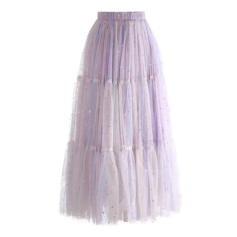 Lunivop Fashion Gradient Color Sequin Skirt Women's Large Swing Mesh Fluffy Skirts 2025 Summer New Tide
