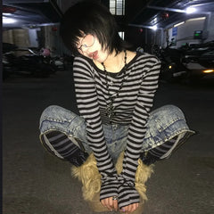 Lunivop Japanese Y2k T-shirt Women Long Sleeve Off Shoulder Striped Crop Tops Y2k Grunge 2000s Aesthetic Streetwear T Shirts