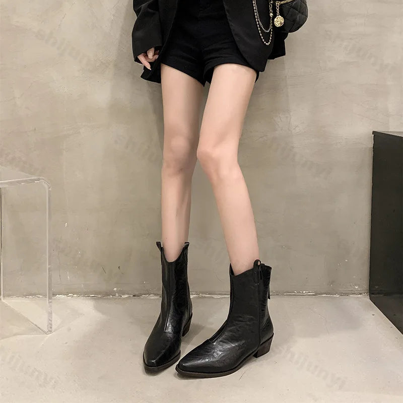 Lunivop Autumn Winter Women Western Cowboy Short Boots Retro Style Western Knight Booties Pointed Toe Square Heels Female Shoes