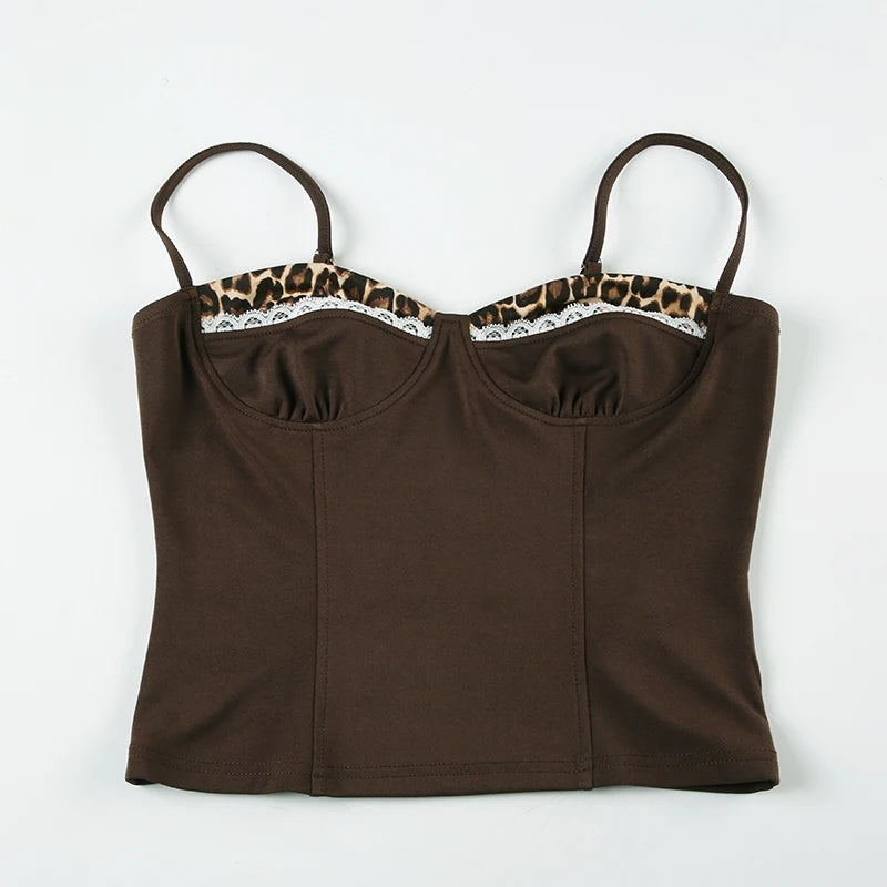 Lunivop  y2k Leopard Print Patchwork Corset Top Women Sleeveless Skinny Crop Top y2k Aesthetic Cute Lace Stitching Camisole Ladies