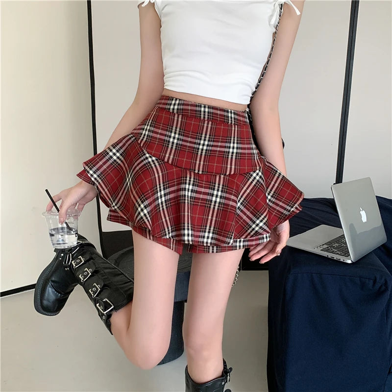 Lunivop Tiered Mini Skirt Y2K High Waist Tartan Ruffled Plaid Skirt Skater Skort Women Teen-girl Aesthetic 90s Outfit