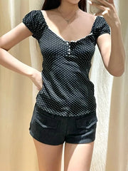 Lunivop  Polka Dot Lace Trim Square Collar T-shirts Women Retro Back Lace-up Slim Short Sleeve Tee Shirt Vintage Sweet Cute Tshirt Y2K
