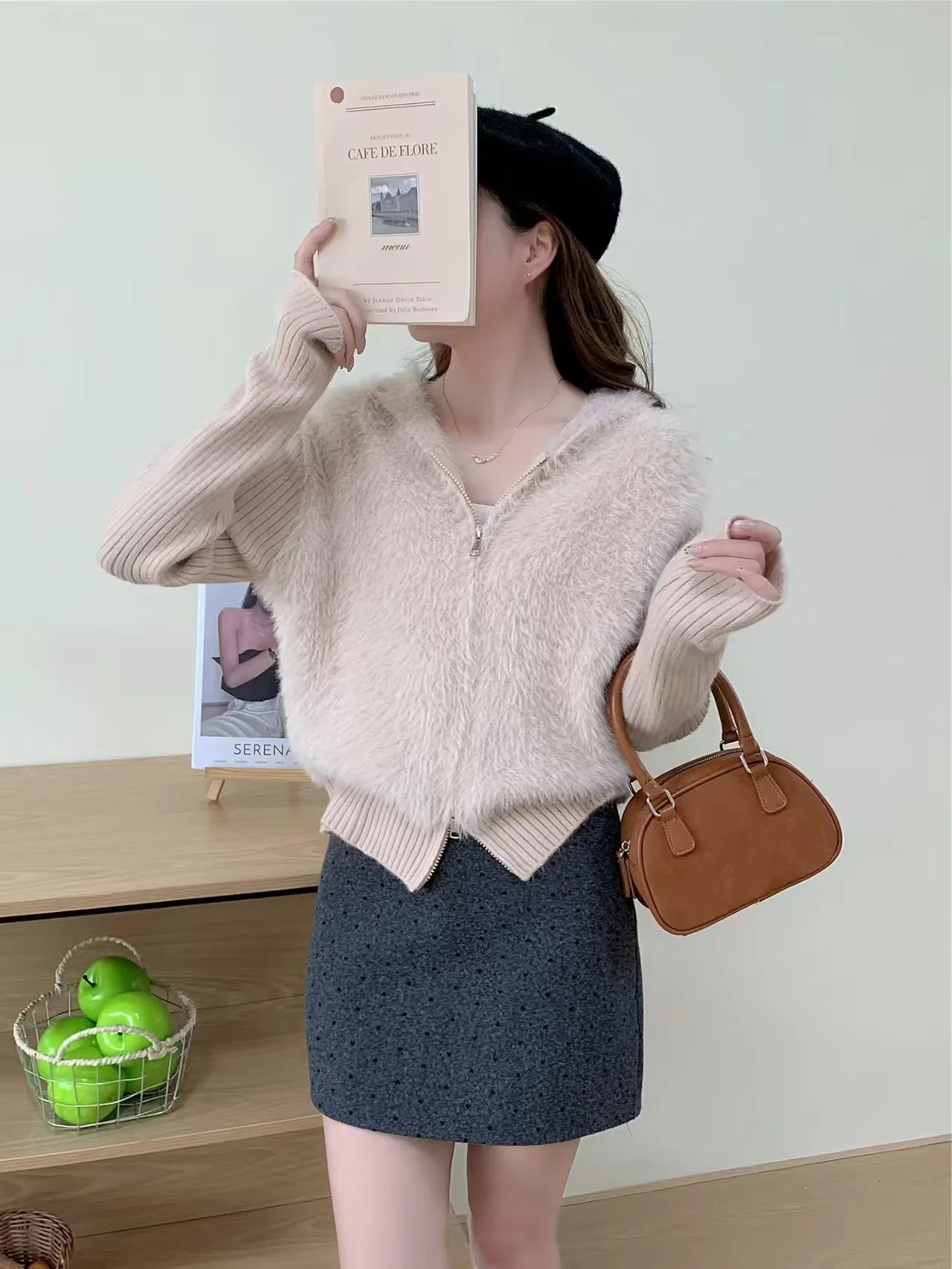 Lunivop Fuzzy Sweater Hoodie Zip-Up Mohair-Knit Cardigan Women Long Sleeve Hooded Crop Top Knitwear Fall Winter Teen-girl Y2K Outfit