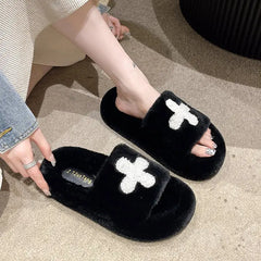 Lunivop Fluffy Fuzzy Slippers Women New Fashion Cross Cloth Winter Home Slides Open Toe Soft Sole Cotton Slippers Female Plush Shoe