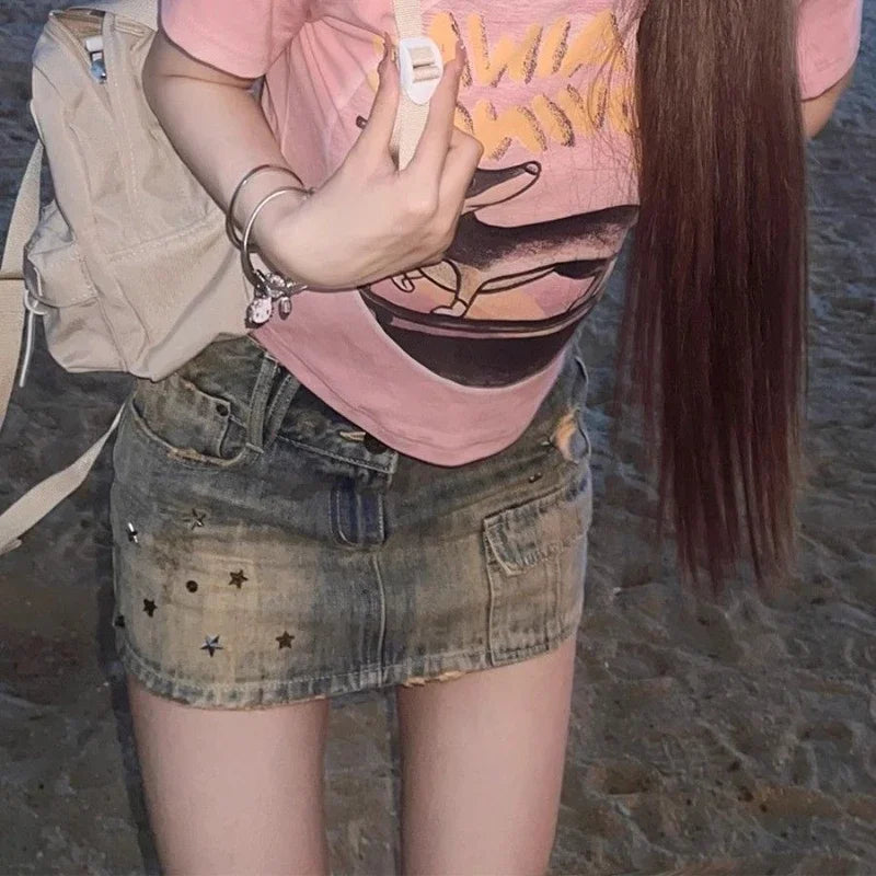 Lunivop Vintage Y2k Denim Skirt Women Sexy Harajuku Star Streetwear Mini Skirts A-line Retro Fashion Slim Up Casual Jeans Skirt