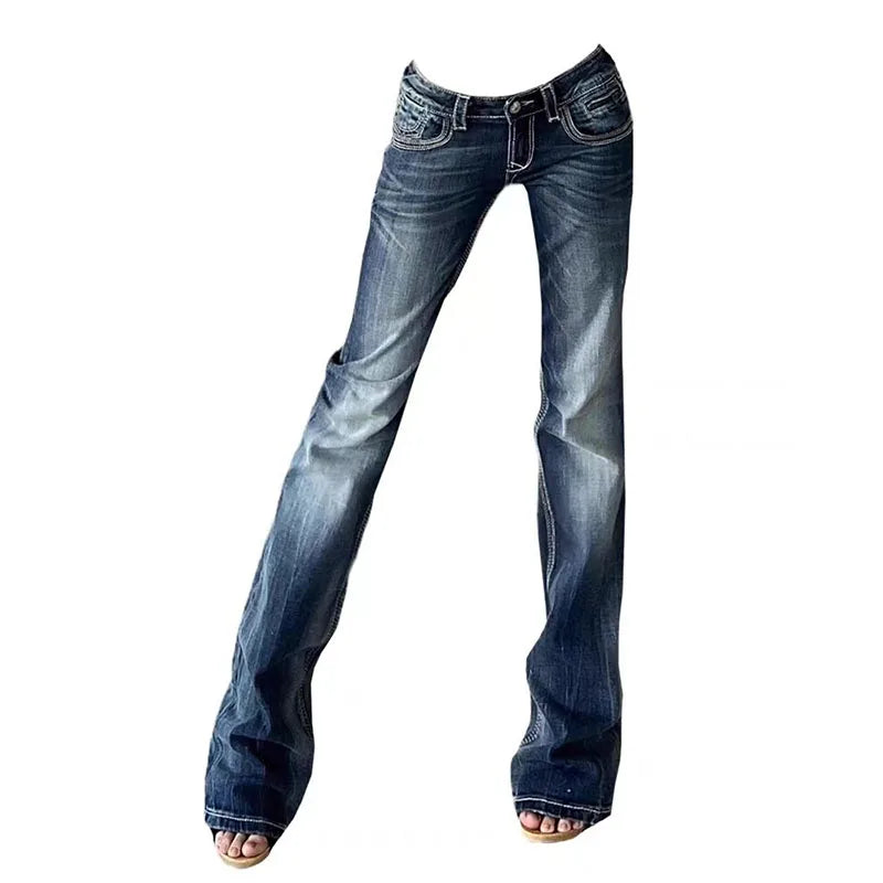 Lunivop  Retro Blue Low Rise Flare Jeans for Women Korean Slim Fit Elastic Denim Pants Woman Streetwear Hot Girl Y2K 2000S Jean Trousers