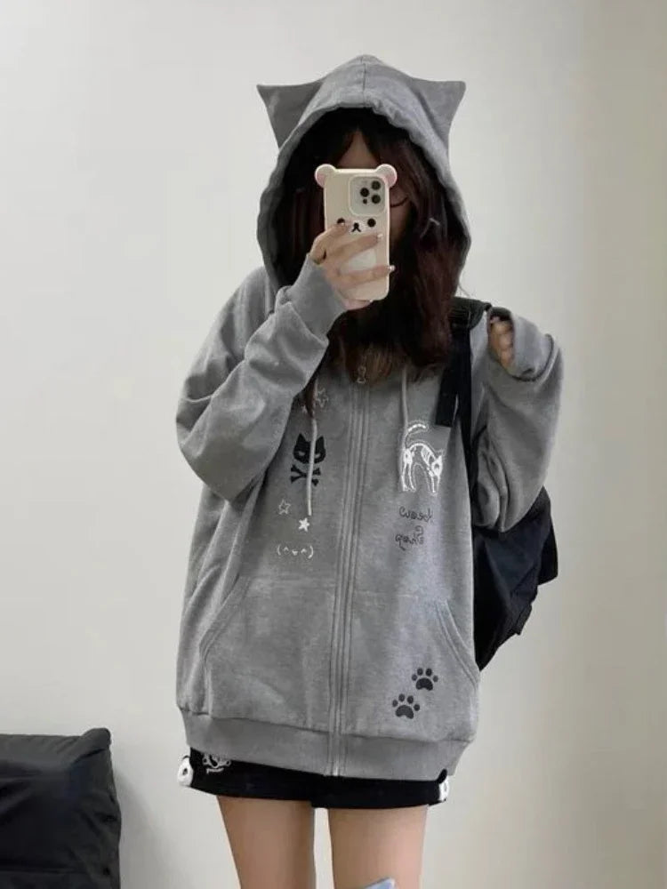 Lunivop Kawaii Sweet Gothic Hoodies Women Japanese Style Y2k Harajuku Cute Cartoon Print Zipper Hooded Loose Sweatshirt New