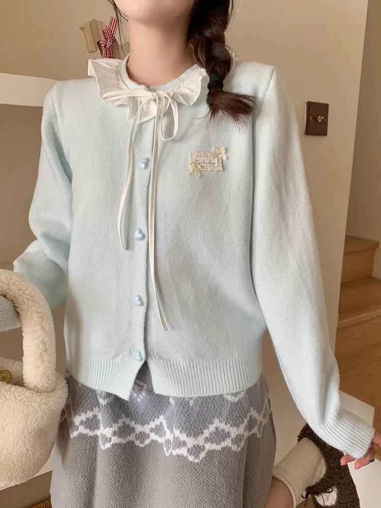 Lunivop Ruffles Sweet Cardigan Women Cute Long Sleeve Bow Sweaters Preppy Style O Neck Japan Kawaii Letter Lace Up Love Buttons Top