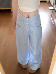 Lunivop Blue Striped Wide Leg Pant Women Loose High Waist Bow Embroidery Sweet Trousers Korean Female Casual Fashion Pockets Pants