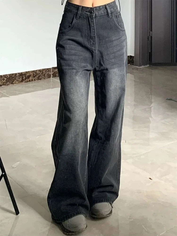 Lunivop Korean Vintage High Waist Women's Jeans Y2K Slimming Pear-Shaped Loose Straight Bell Bottoms Black Gray Baggy Denim Trousers