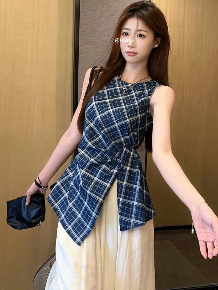 Lunivop Vintage Slit Plaid Tanks Women Casual O Neck Sleeveless Korean Retro Tanks Summer Simple Design Female Elegant Tops New