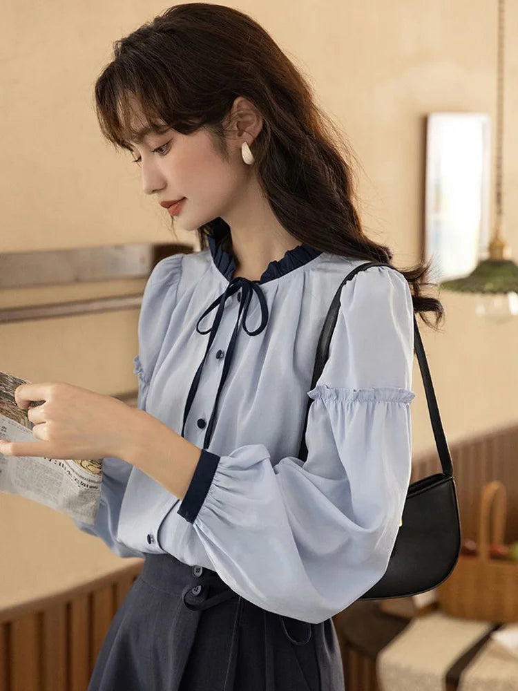 Lunivop Sweet Retro Blue Blouse Women Elegant Long Sleeve Japan Shirt Fall Loose Preppy Style Ruffles Lace Up Vintage Lady Tops New