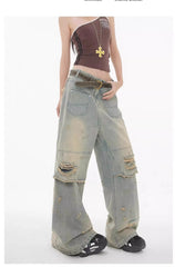 Lunivop American High Street Wasteland Style Ripped Jeans Spring and Summer Loose Washing and Old Wide-leg Japanese and Korean Baggy
