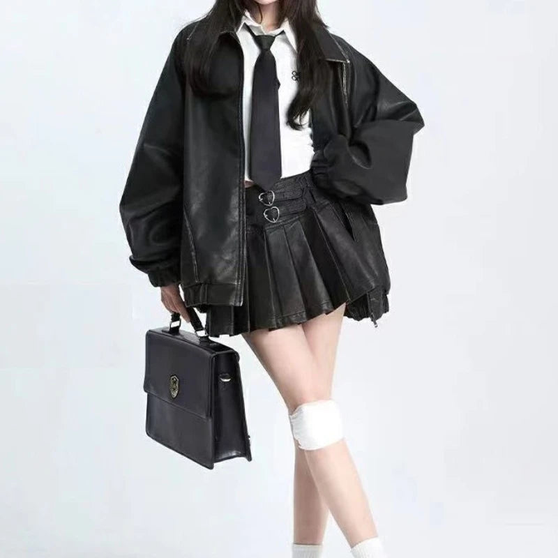 Lunivop Vintage Brown Leather Skirt Women Y2k Sexy Gothic Pleated Mini Skirt Black Punk Grunge Retro Short Skirts Streetwear