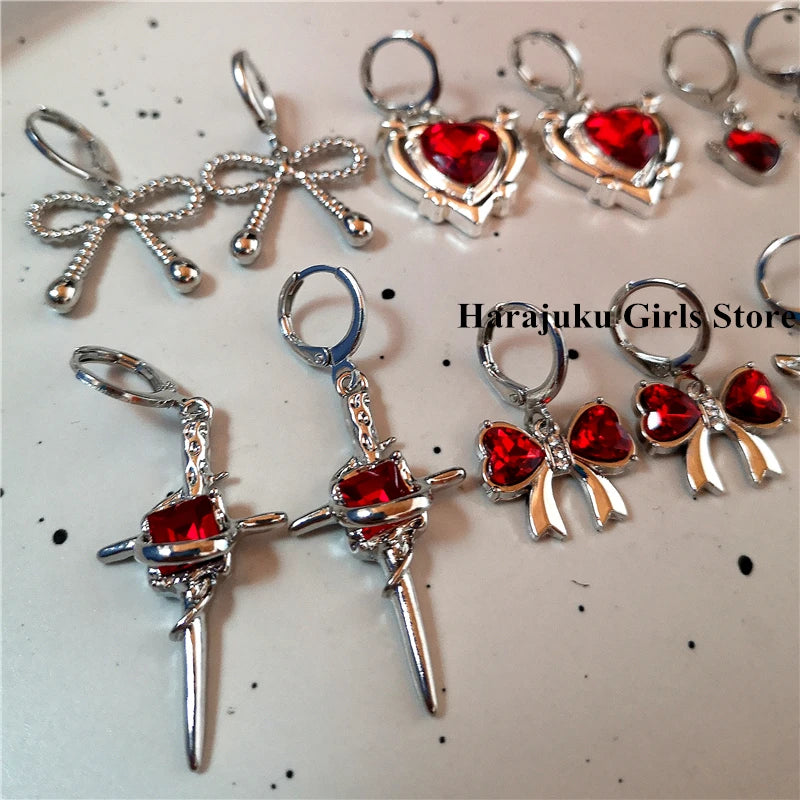 Lunivop Y2K Goth Heart Cross Star Pendant Earrings Red Zircon Love Bowknot Dangle Earring Gothic Fashion Women Jewelry Christmas Gifts