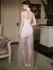 Lunivop  Cutenew See Through Hem Dress Sexy Women Mesh Patchwork Sweet Elegant Applique Low-Neck Zip Trend Evening Birthday Party Bodycon