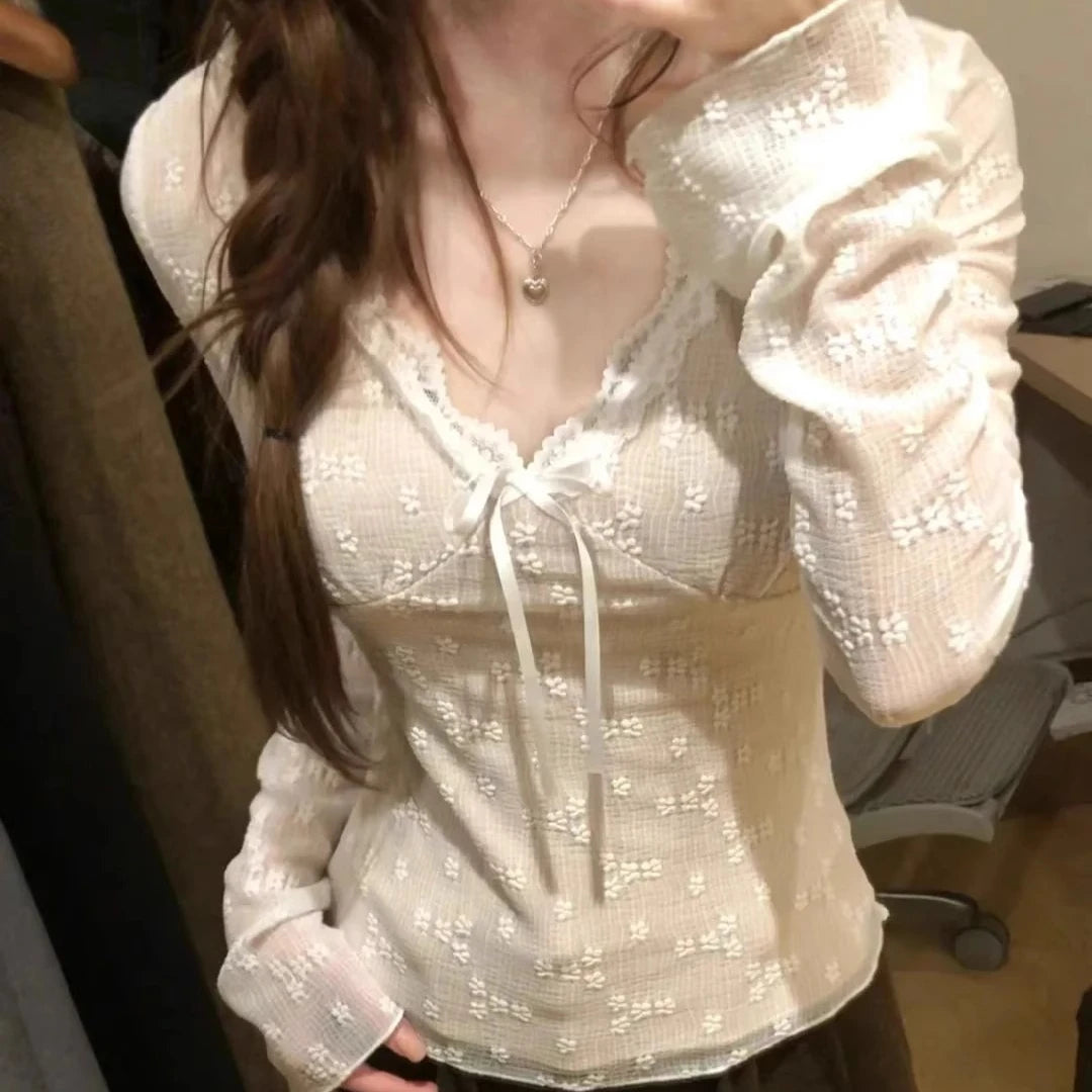 Lunivop  Autumn Lace Jacquard Fairy Grunge T-shirt Women Y2k Aesthetic Flare Sleeve Tshirts Harajuku Vintage Sexy Slim Fit Bow Tops