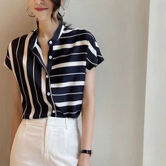 Lunivop  Summer Women Short Sleeve Striped Tops Fashion Irregular Blouses Lady Temperament Shirts Stand Collar Loose Blusas