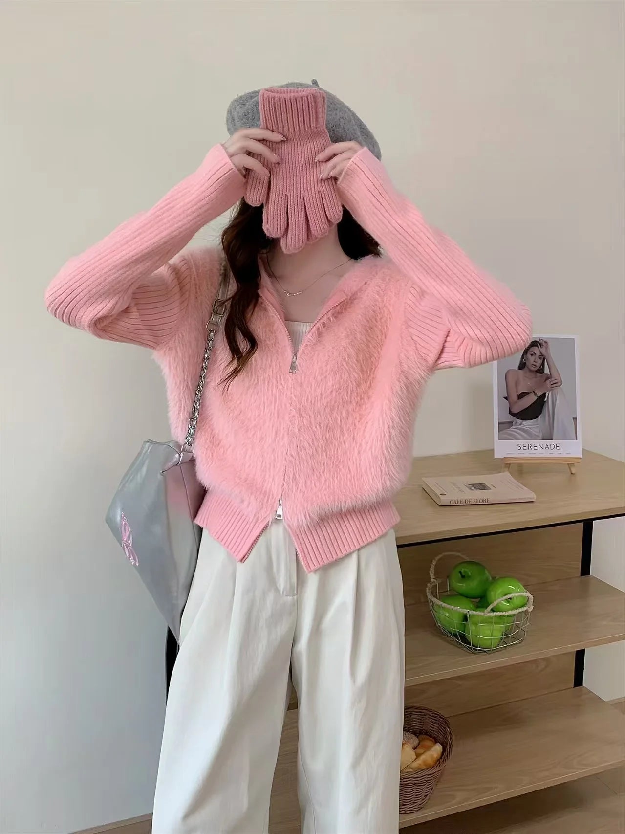 Lunivop Fuzzy Sweater Hoodie Zip-Up Mohair-Knit Cardigan Women Long Sleeve Hooded Crop Top Knitwear Fall Winter Teen-girl Y2K Outfit