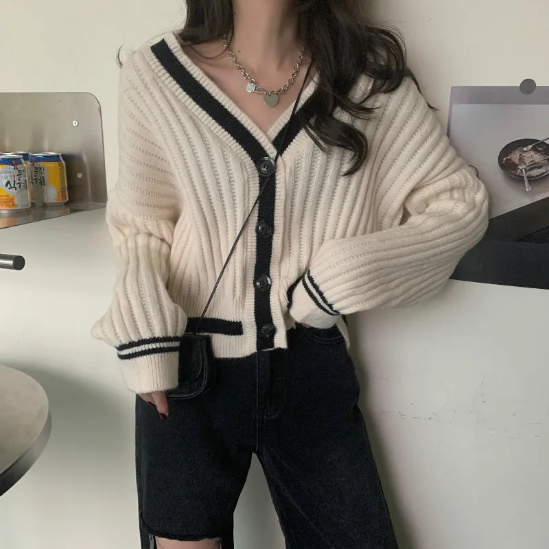 Lunivop Women Knit Cardigan Sweater with Contrast Trim V-Neck Button Up Boxy Sweater Jacket Autumn Winter Teen-girl Preppy Chic Outfit