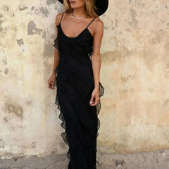 Lunivop  V Neck Dress Elegant Floor Length Maxi Dress V-neck Backless Split Hem Patchwork for Prom Cocktail Parties Evening Events Split