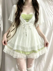 Lunivop  Japanese Vintage Fashion White Mesh Cardigan Casual Layered Top Waist Cinching Half Skirt Summer Harajuku 3-piece Set