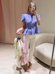 Lunivop  Elegant Printed Women's Blazer Short Puffed Sleeve V-Neck Single-Breasted Lady Top Summer Chic Female Street Blazers New